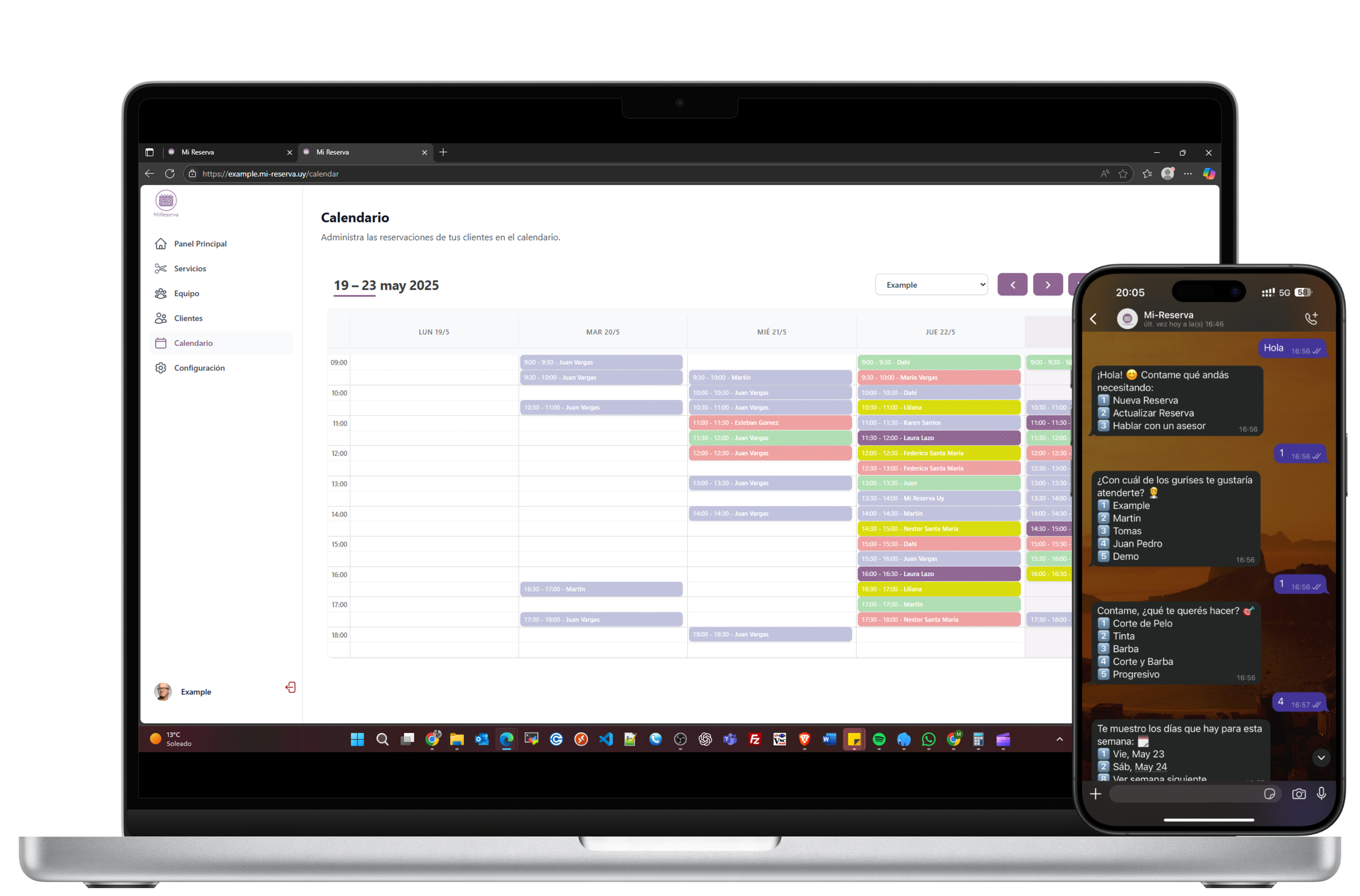 Vista de calendario y chat de reservas
